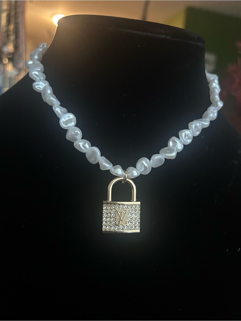 Pearl Beaded Necklace with Gold Padlock Pendant